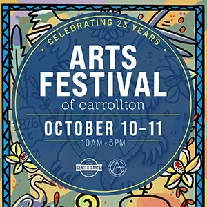 web graphic with the text: "Arts Festival of Carrollton October 10-11" in white font on a blue background