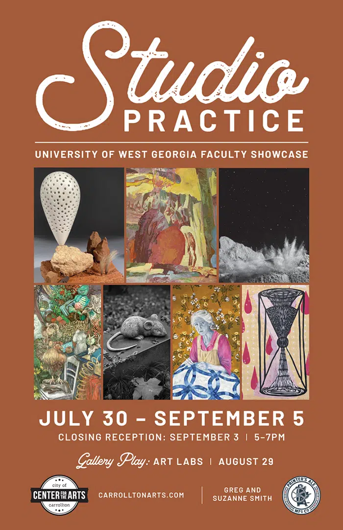 poster with the text: "studio practice university of west georgia faculty showcase" in white text on a brown background