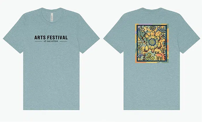 mockup of light blue teeshirts with arts of a turtle on the back and text saying "arts festival" on the front in black font