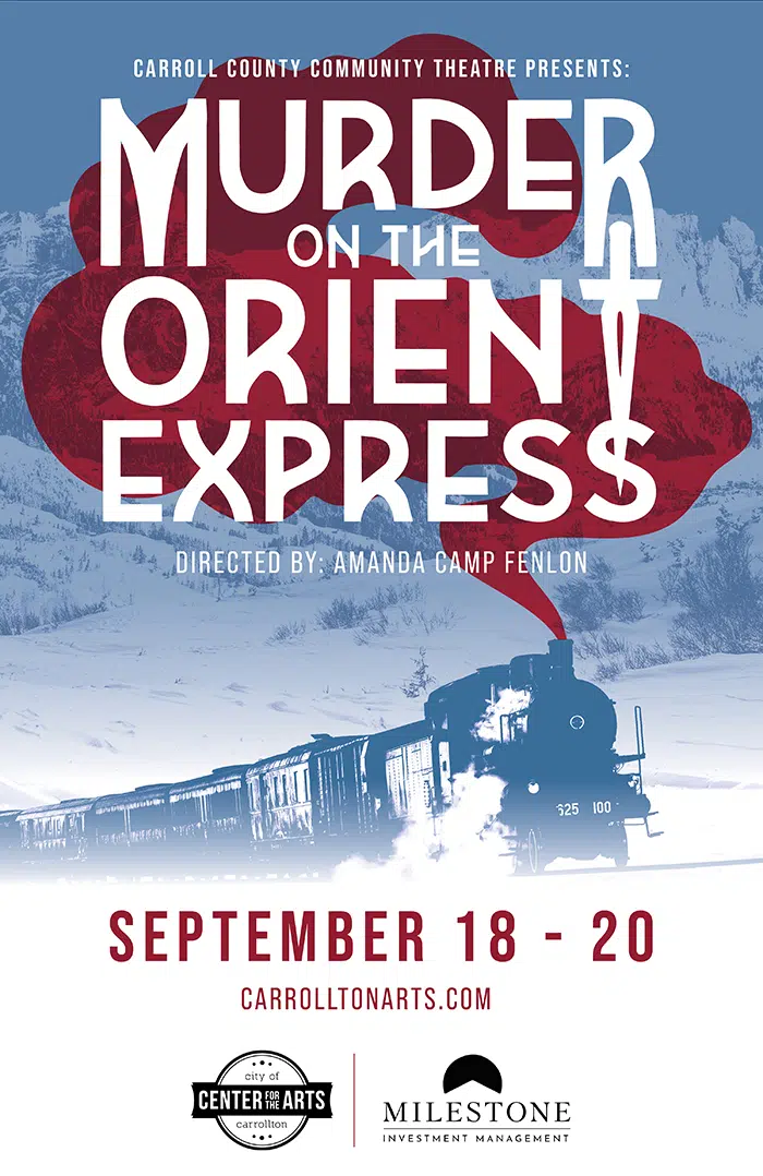 web graphic with the text: "murder on the orient express, september 18-20" in red and white text on a red blue and white background